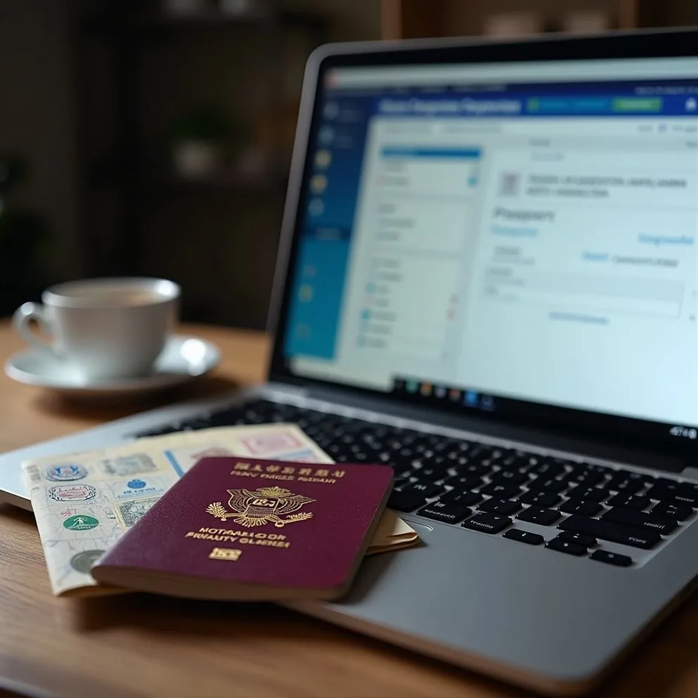 Applying for a Vietnam e-visa on a laptop portal next to a passport and coffee