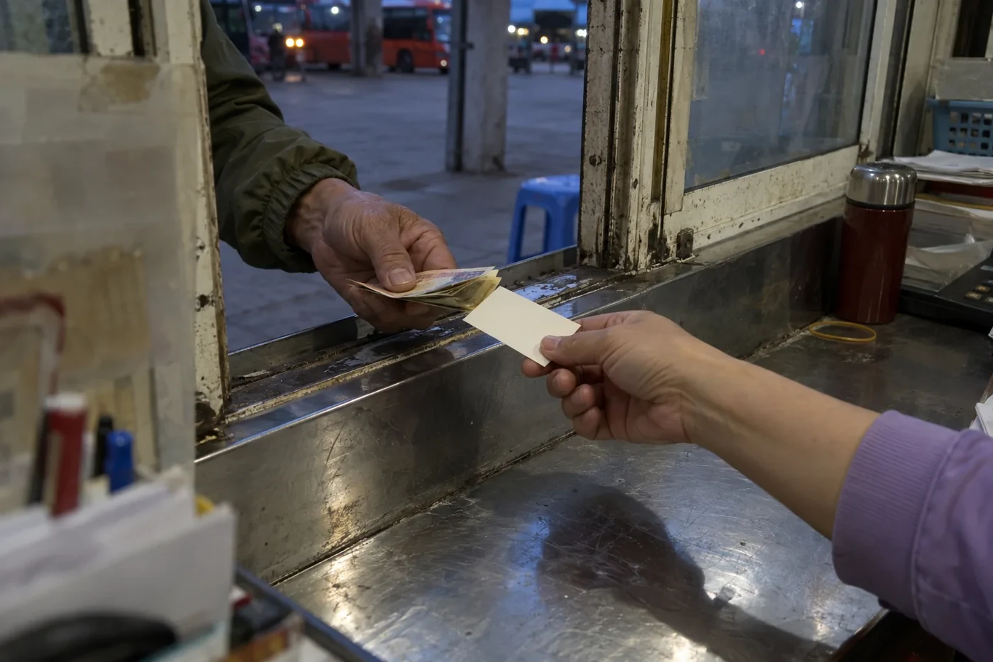 Руки передают листок и купюры через окошко стойки