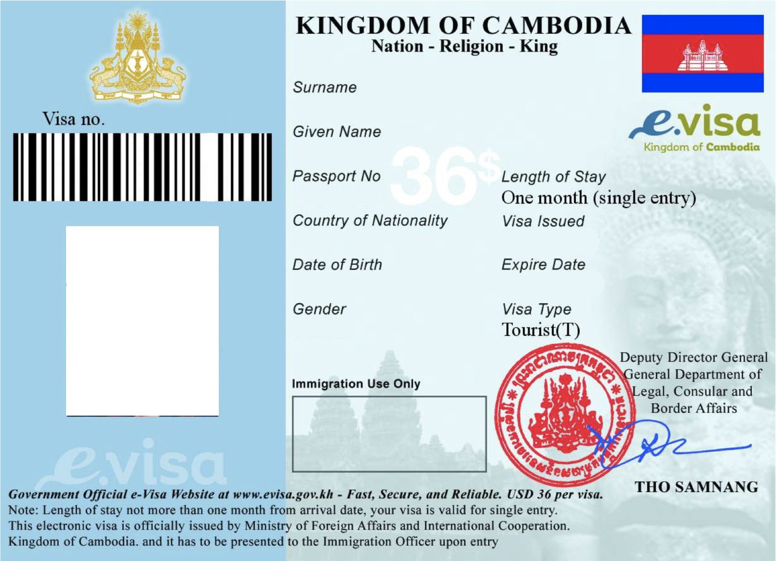 Камбоджийская e-visa, образец