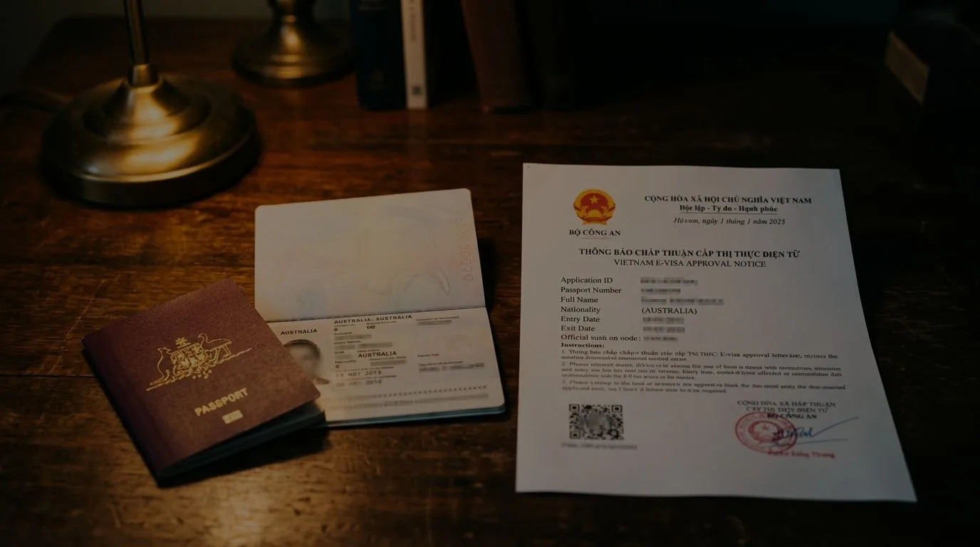Passport and a Vietnam e-visa approval notice