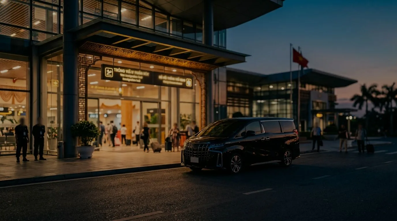 Minivan waiting outside a Vietnamese airport terminal at dawn before a visa run
