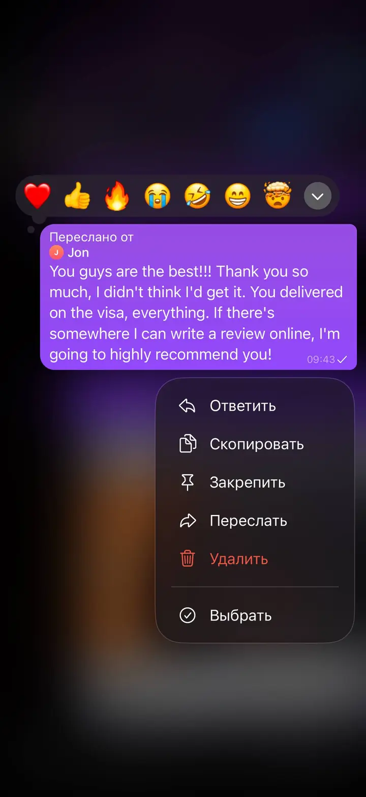Скриншот переписки: отзыв клиента Jon о визаране во Вьетнам