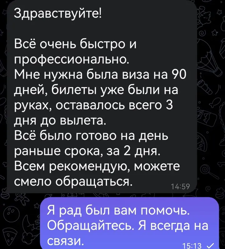 Скриншот переписки: отзыв клиента Me VN о визаране во Вьетнам