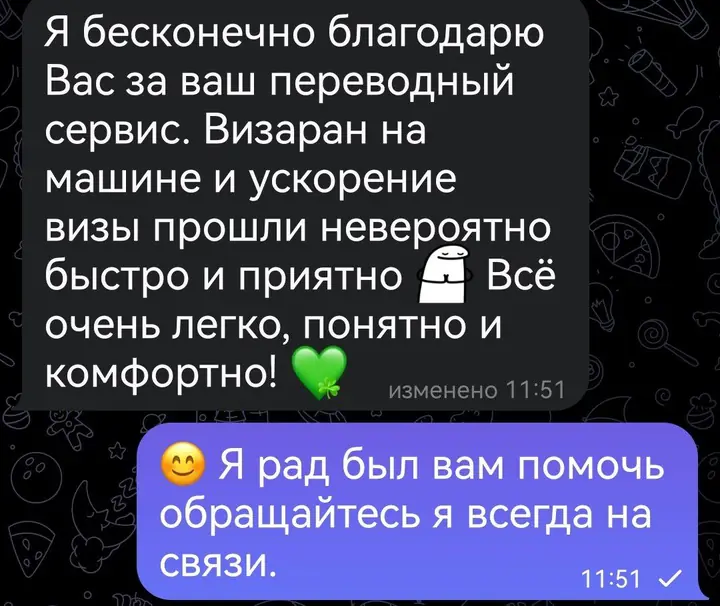 Скриншот переписки: отзыв клиента Me VN о визаране во Вьетнам
