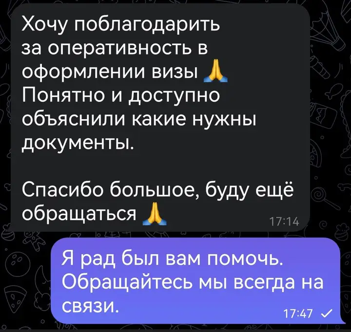 Скриншот переписки: отзыв клиента Me VN о визаране во Вьетнам