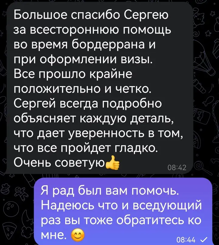 Скриншот переписки: отзыв клиента Me VN о визаране во Вьетнам