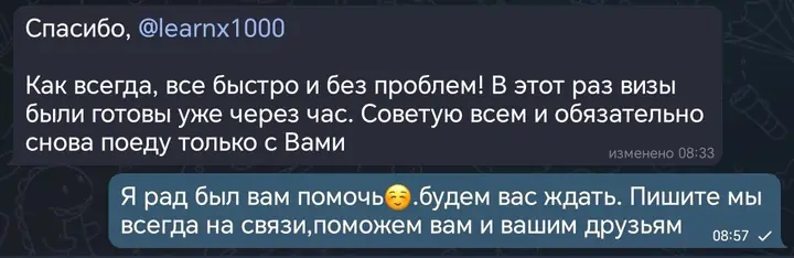 Скриншот переписки: отзыв клиента Me VN о визаране во Вьетнам