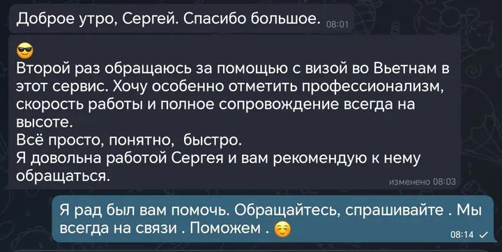 Скриншот переписки: отзыв клиента Me VN о визаране во Вьетнам