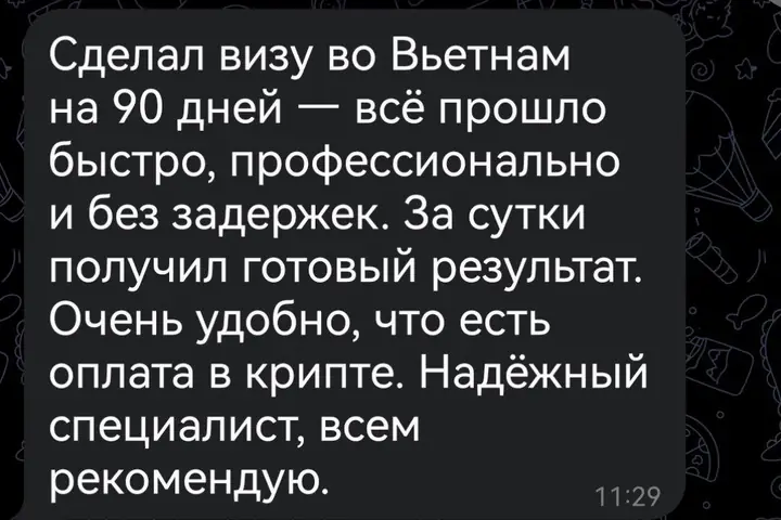 Скриншот переписки: отзыв клиента Me VN о визаране во Вьетнам