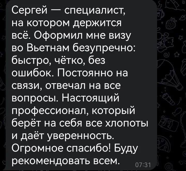 Скриншот переписки: отзыв клиента Me VN о визаране во Вьетнам